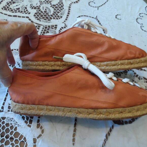 New Chanel Orange Signature Logo Canvas Lace Up Espadrilles Size 37B - Picture 7 of 16